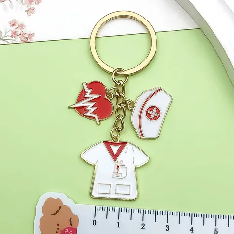 Nurse Medical Theme Alloy Keychain Enamel Red Heart Nurse Hat Uniform Syringe Stethoscope Bag Charm Gift For Healthcare Worker