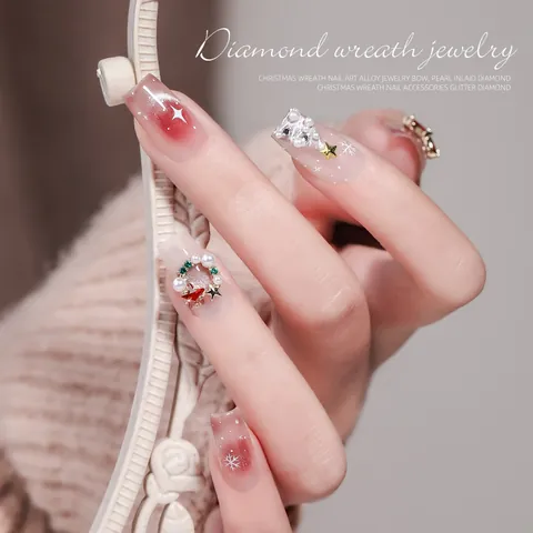 Luxury Christmas Zirconia Nail Art Charms Gold Alloy Artificial Pearl Wreath Santa Reindeer Snowflake Decor Accessories