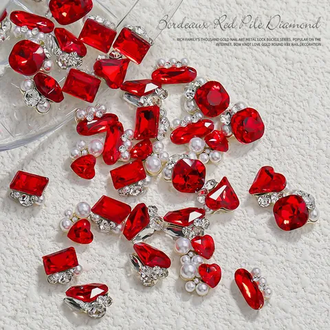 Bordeaux Red Nail Art Rhinestones Alloy Artificial Pearl Luxurious 3D Nail Charms Heart Geometric Butterfly Nail Decorations