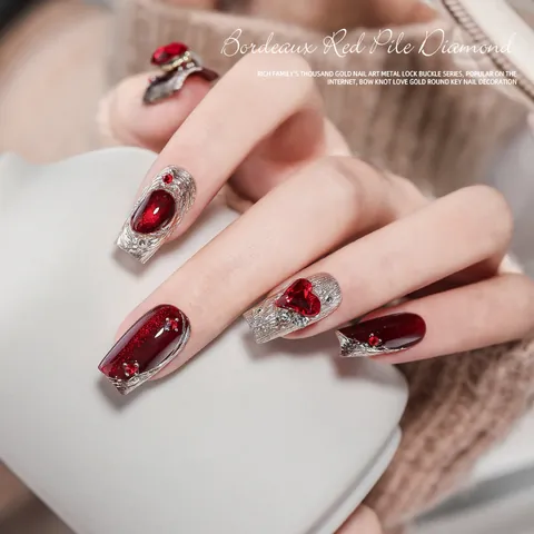 Bordeaux Red Nail Art Rhinestones Alloy Artificial Pearl Luxurious 3D Nail Charms Heart Geometric Butterfly Nail Decorations