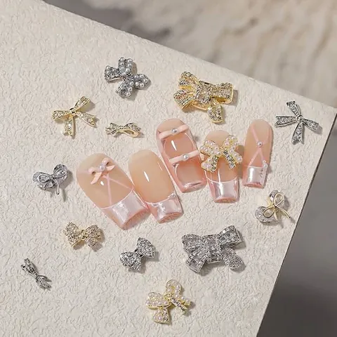 Luxury 3D Zirconia Bow Nail Charms Glitter Butterfly Nail Art Decoration With Artificial Pearl Alloy Nail Studs Manicure DIY Jewelry