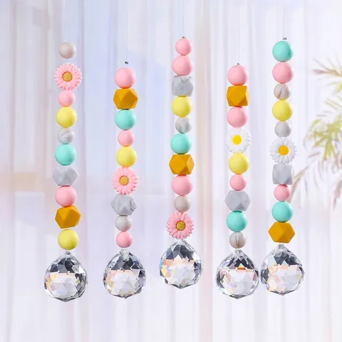 Capteur de Soleil en Cristal Fait à la Main Ornement Suspendu Avec Perles en Silicone Tournesol Pendentif de Rétroviseur