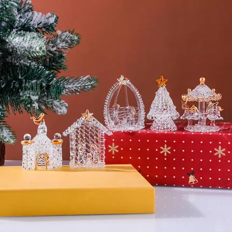 Christmas Glass Ornaments Gold Painted Brushed Crystal Mini Castle Nativity Scene Carousel Figurines For Car Home Holiday Decor