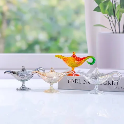 Crystal Aladdin Magic Lamp Ornament Retro Embossed White Crystal Tea Pot Tabletop Home Decor Desk Craft Figurine Gift