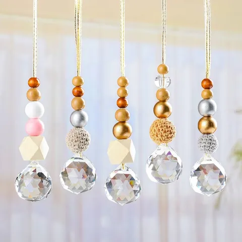 Handmade Wood Beads Crystal Ball Suncatcher Hanging Decoration Bohemian Knitted Yarn Ball Ornament For Christmas Tree Car Mirror Window Decor