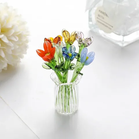 Handgefertigte K9 Kristall Blume Figur Miniatur Lotus Rose Blume Mit Klarglas Vase Für Wohnzimmer Tisch Deko Ästhetische Florale Ornament