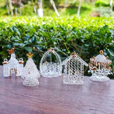Christmas Glass Ornaments Gold Painted Brushed Crystal Mini Castle Nativity Scene Carousel Figurines For Car Home Holiday Decor