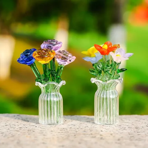 Handgefertigte K9 Kristall Blume Figur Miniatur Lotus Rose Blume Mit Klarglas Vase Für Wohnzimmer Tisch Deko Ästhetische Florale Ornament