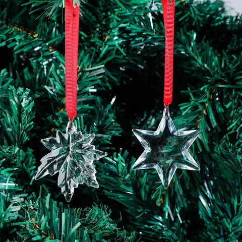 Crystal Suncatcher Christmas Tree Ornament Star Maple Leaf Hanging Decoration Clear Faceted Pendant With Red Ribbon Home Garden Decor