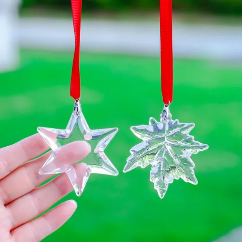 Crystal Suncatcher Christmas Tree Ornament Star Maple Leaf Hanging Decoration Clear Faceted Pendant With Red Ribbon Home Garden Decor