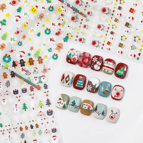 3D Embossed Christmas Nail Stickers Santa Claus Snowman Xmas Tree Snowflake Self-Adhesive Nail Art Decals For Women Kids Holiday DIY Decoration