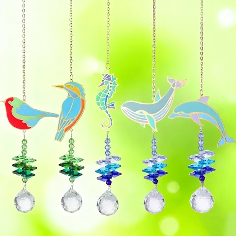 Atrapasol de Cristal Serie Animales Campana de Viento Decoración de Jardín Colgante de Ballena Delfín Pájaro de Metal Esmaltado