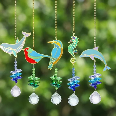 Atrapasol de Cristal Serie Animales Campana de Viento Decoración de Jardín Colgante de Ballena Delfín Pájaro de Metal Esmaltado