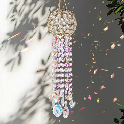 Garden Suncatcher Wind Chime Pendant AB Crystal Beads Gold Metal Lampshade Hanging Ornament For Yard Window Home Decor