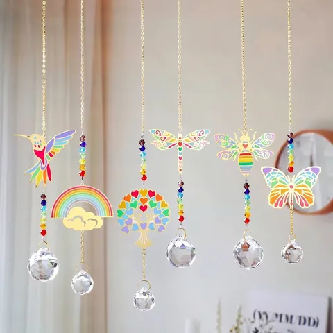 Crystal Sun Catcher Window Hanging Decor Rainbow Maker Metal Butterfly Hummingbird Tree of Life Pendant Garden Decoration Gift