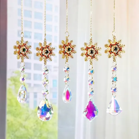Christmas Crystal Suncatcher Wind Chime Pendant Gold Alloy Rhinestone Snowflake Christmas Tree Santa Reindeer Garden Decor