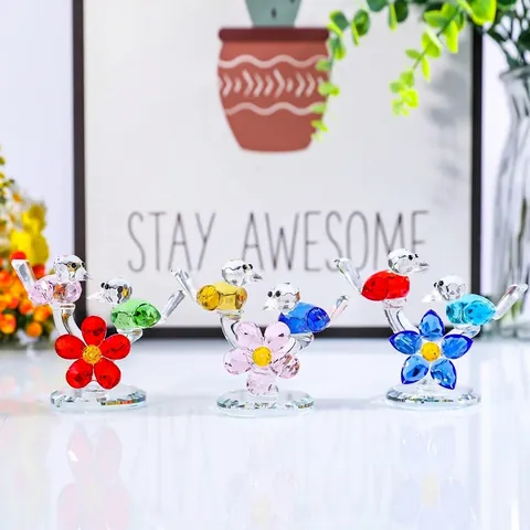 Light Luxury Miniature Crystal Bird Flower Ornaments Desktop Decoration Faceted Glass Bird Figurine Mothers Day Gift Home Decor Modern Minimalist Sculpture