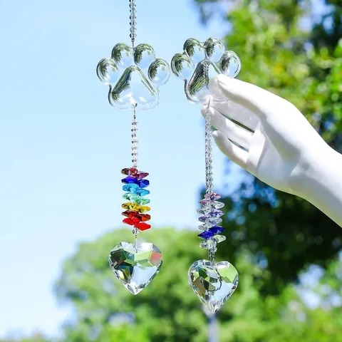 Crystal Suncatcher Dog Paw Hanging Ornament Iridescent White Crystal Alloy Prism Heart Ball Pendant For Garden Home Decor Pet Memorial Gift