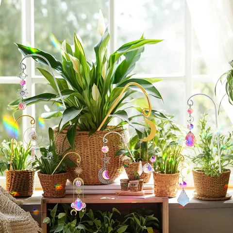 Crystal Suncatcher Plant Stakes Garden Potted Plants Gold Silver Metal Rod Rainbow Maker Hanging Crystals Bohemian Home Decor