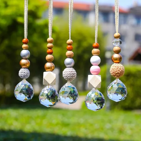 Handmade Wood Beads Crystal Ball Suncatcher Hanging Decoration Bohemian Knitted Yarn Ball Ornament For Christmas Tree Car Mirror Window Decor