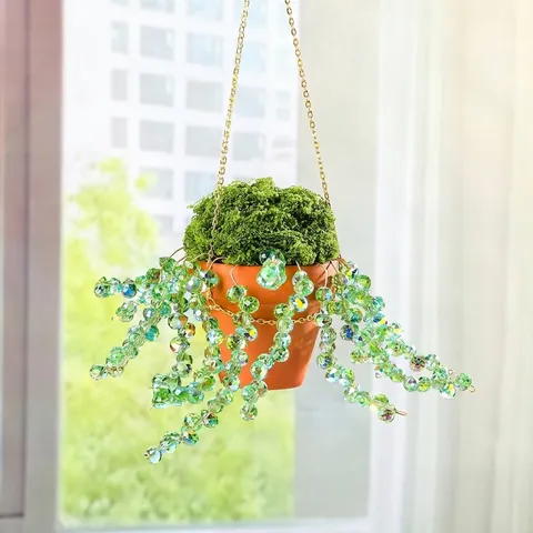 DIY Ήλιος Συλλέκτης Κρεμαστό Διακοσμητικό Κήπου Κιτ Πράσινες Κρυστάλλινες Χάντρες Με Τερακότα Γλάστρα Τεχνητό Βρύο και Αλυσίδα Κράματος