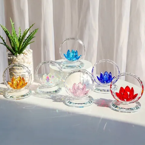 Crystal Lotus Flower Ornament Round Frame Tabletop Decoration Light Luxury Desktop Home Living Room Decor Car Dashboard Gift