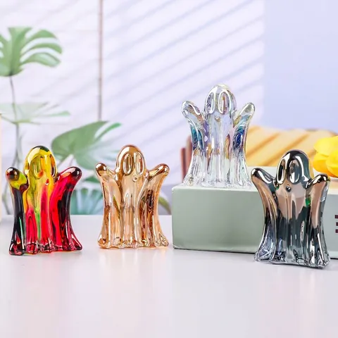 Iridescent White Crystal Ghost Figurine Halloween Christmas Decor Cute Anime Style Glass Ghost Statue Desk Ornament