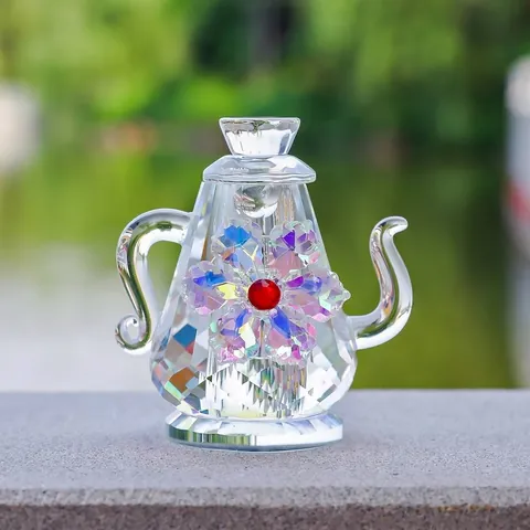 Tetera de Cristal de Roca Facetada Con Flor de Arcoíris Incrustación de Diamantes de Imitación Figura de Juego de Té Vidrio