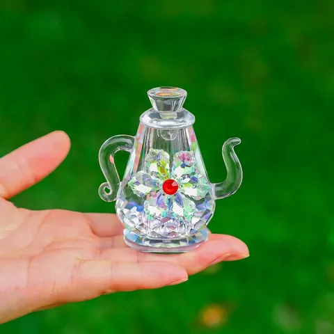 Tetera de Cristal de Roca Facetada Con Flor de Arcoíris Incrustación de Diamantes de Imitación Figura de Juego de Té Vidrio