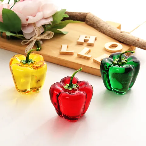 K9 White Crystal Artificial Green Pepper Mushroom Cherry Fruit Desktop Ornament For Restaurant Home Decor Accents Glass Gift