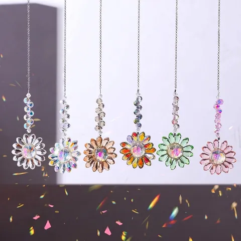 Crystal Sunflower Sun Catcher Wind Chime Hanging Ornament Hand Woven Beads AB Color Prism Garden Window Home Decor Rainbow Maker Gift