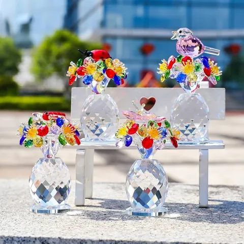 Figurine Fleur en Cristal Ornement Avec Oiseau Papillon Coccinelle Libellule Décoration de Table Voiture Cadeau Fête des Mères Décoration Maison