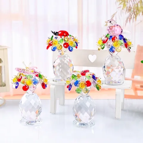 Figurine Fleur en Cristal Ornement Avec Oiseau Papillon Coccinelle Libellule Décoration de Table Voiture Cadeau Fête des Mères Décoration Maison