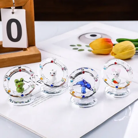 Handmade White Crystal Animal Figurine Ornament Rhinestone Circle Ring Rabbit Cat Frog Dolphin Tabletop Office Decor Gift