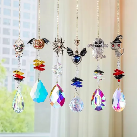 Halloween Rhinestone Gold Crystal Suncatcher Wind Chime Garden Decor Ghost Pumpkin Spider Cat Skull Bat Pendant Hanging Ornament