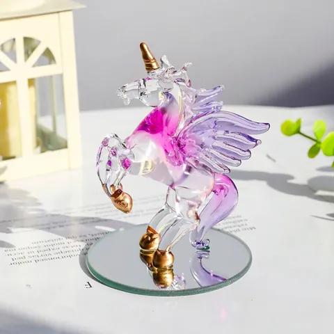Modern Luxury White Crystal Standing Unicorn Figurine With Wings Gold Trim Pink Purple Gradient Animal Sculpture Mirror Base Home Desk Decor Ornament