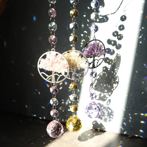 Tree of Life Suncatcher Crystal Ball Hanging Ornament Handmade Stone Chips Window Decor Garden Pendant Rainbow Maker