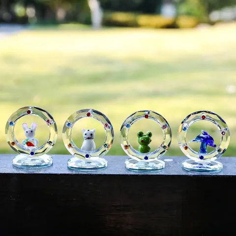 Handmade White Crystal Animal Figurine Ornament Rhinestone Circle Ring Rabbit Cat Frog Dolphin Tabletop Office Decor Gift