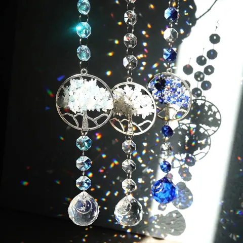 Tree of Life Suncatcher Crystal Ball Hanging Ornament Handmade Stone Chips Window Decor Garden Pendant Rainbow Maker