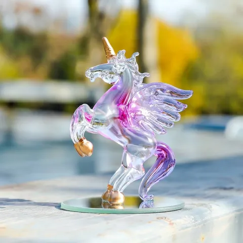 Modern Luxury White Crystal Standing Unicorn Figurine With Wings Gold Trim Pink Purple Gradient Animal Sculpture Mirror Base Home Desk Decor Ornament