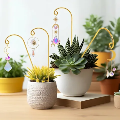 Crystal Suncatcher Plant Stakes Garden Potted Plants Gold Silver Metal Rod Rainbow Maker Hanging Crystals Bohemian Home Decor