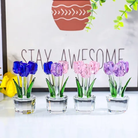Faceted Artificial Crystal Tulip Rose Flower Figurine Craft Ornament Home Living Room Decor Gift For Mothers Day Wedding