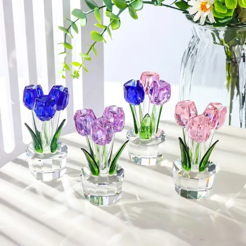 Faceted Artificial Crystal Tulip Rose Flower Figurine Craft Ornament Home Living Room Decor Gift For Mothers Day Wedding