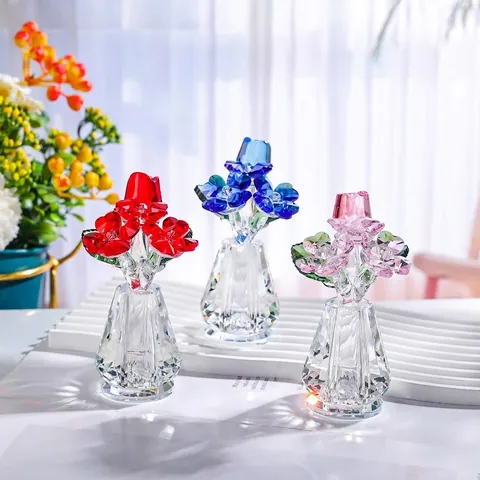Adorno de Flor de Rosa de Cristal Con Jarrón Facetado Cristal Transparente Decoración de Escritorio Regalo de Boda