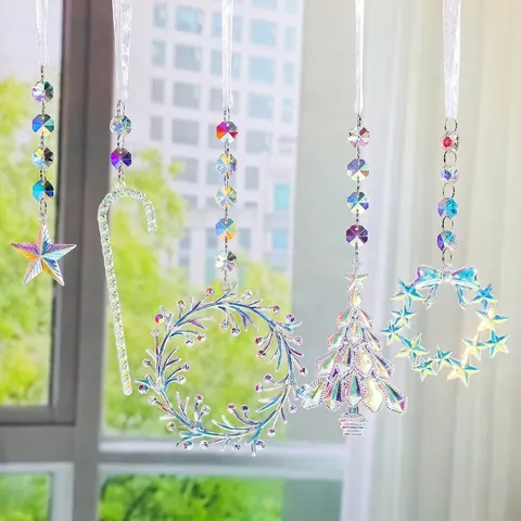 Iridescent Acrylic Crystal Hanging Suncatcher Ornament Round Wreath Christmas Tree Star Candy Cane Garden Decor Wind Chime
