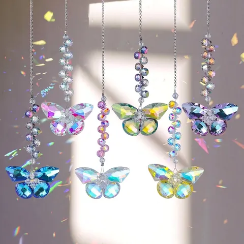 Handmade Iridescent Crystal Butterfly Suncatcher Faceted Glass Prism Rainbow Maker Hanging Ornament For Home Garden Window Decoration Gift