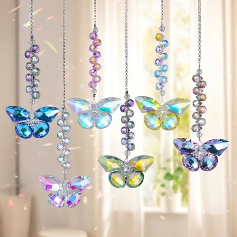 Handmade Iridescent Crystal Butterfly Suncatcher Faceted Glass Prism Rainbow Maker Hanging Ornament For Home Garden Window Decoration Gift