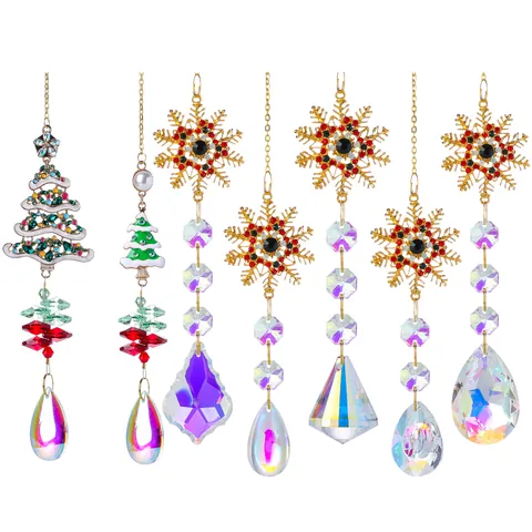 Christmas Crystal Suncatcher Wind Chime Pendant Gold Alloy Rhinestone Snowflake Christmas Tree Santa Reindeer Garden Decor