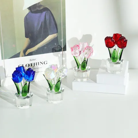 Artificial Crystal Tulip Rose Flower Ornament Handcrafted Simulation Floral Bud For Mother Day Home Decor Accent Decoration
