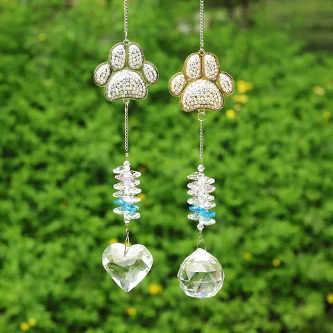 Crystal Suncatcher With Rhinestone Metal Dog Paw Wind Chime Outdoor Garden Yard Hanging Ornament Heart Ball Rainbow Prism Pendant